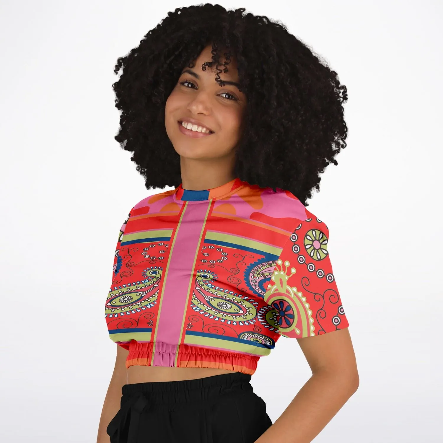 Chili Pepper Camo Paisley Short Sleeve Cropped Eco-Poly Sweater