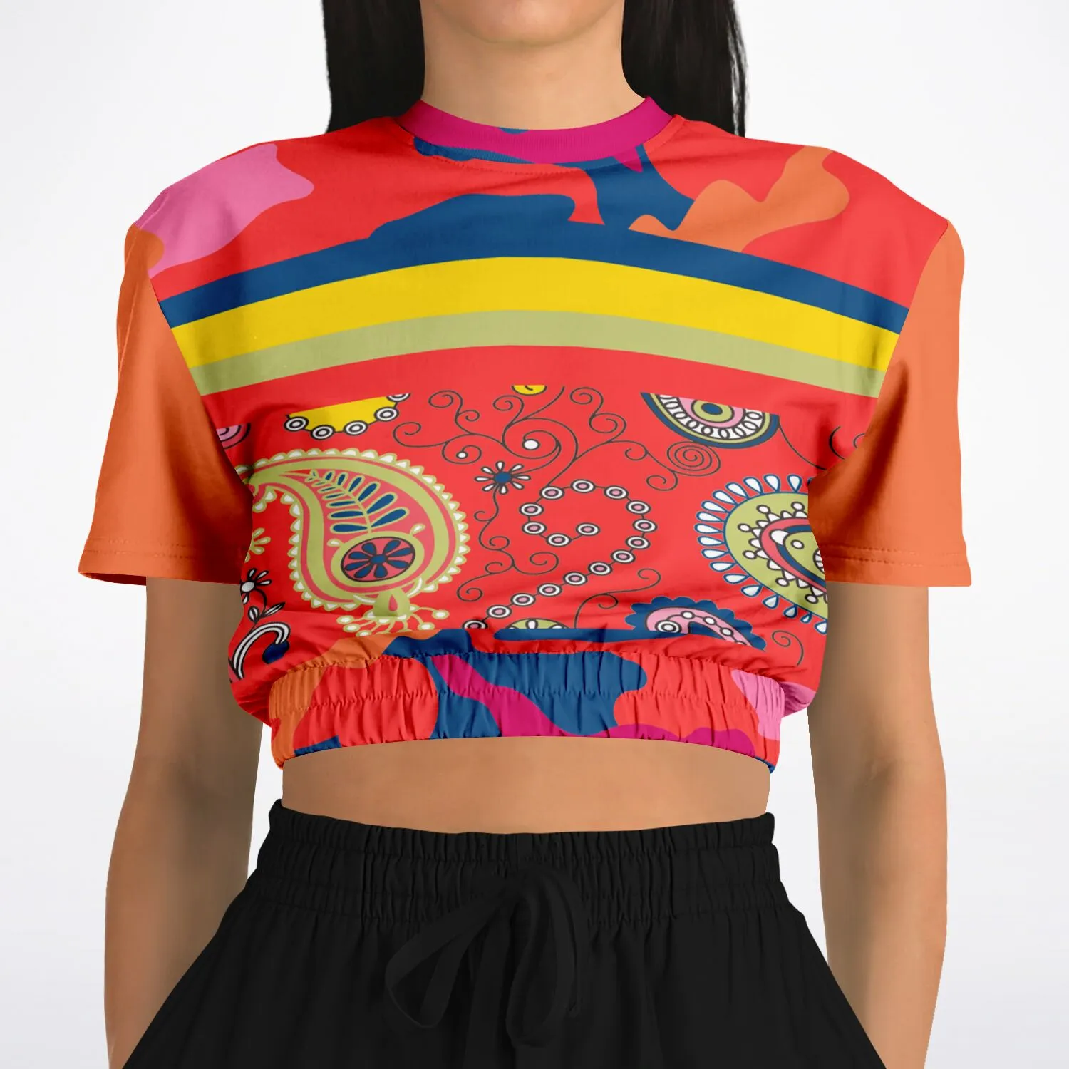 Chili Pepper Paisley Short Sleeve Cropped Eco-Poly Sweater