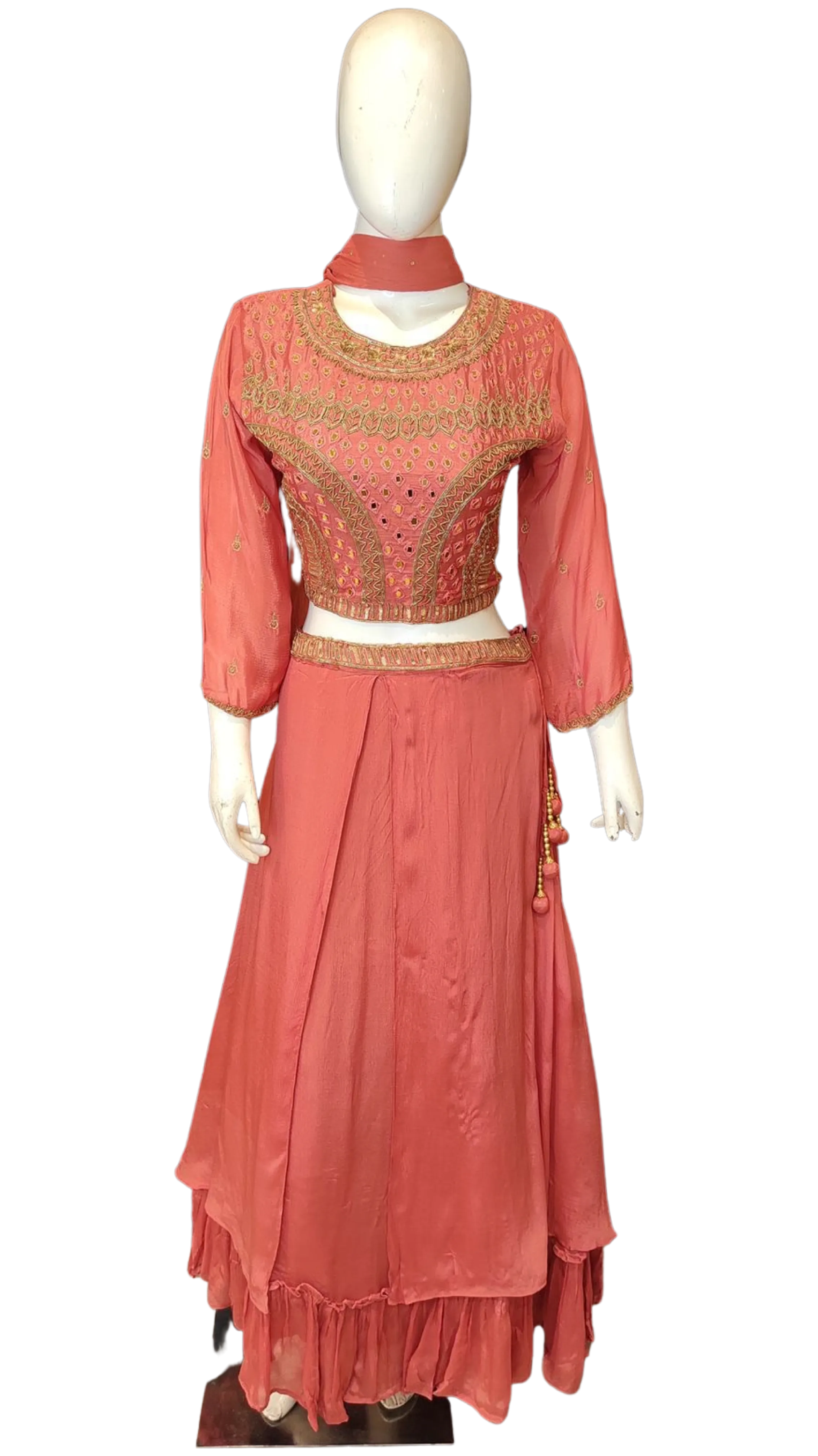 Chinon Blouse and Skirt with Hand Work and Dupatta