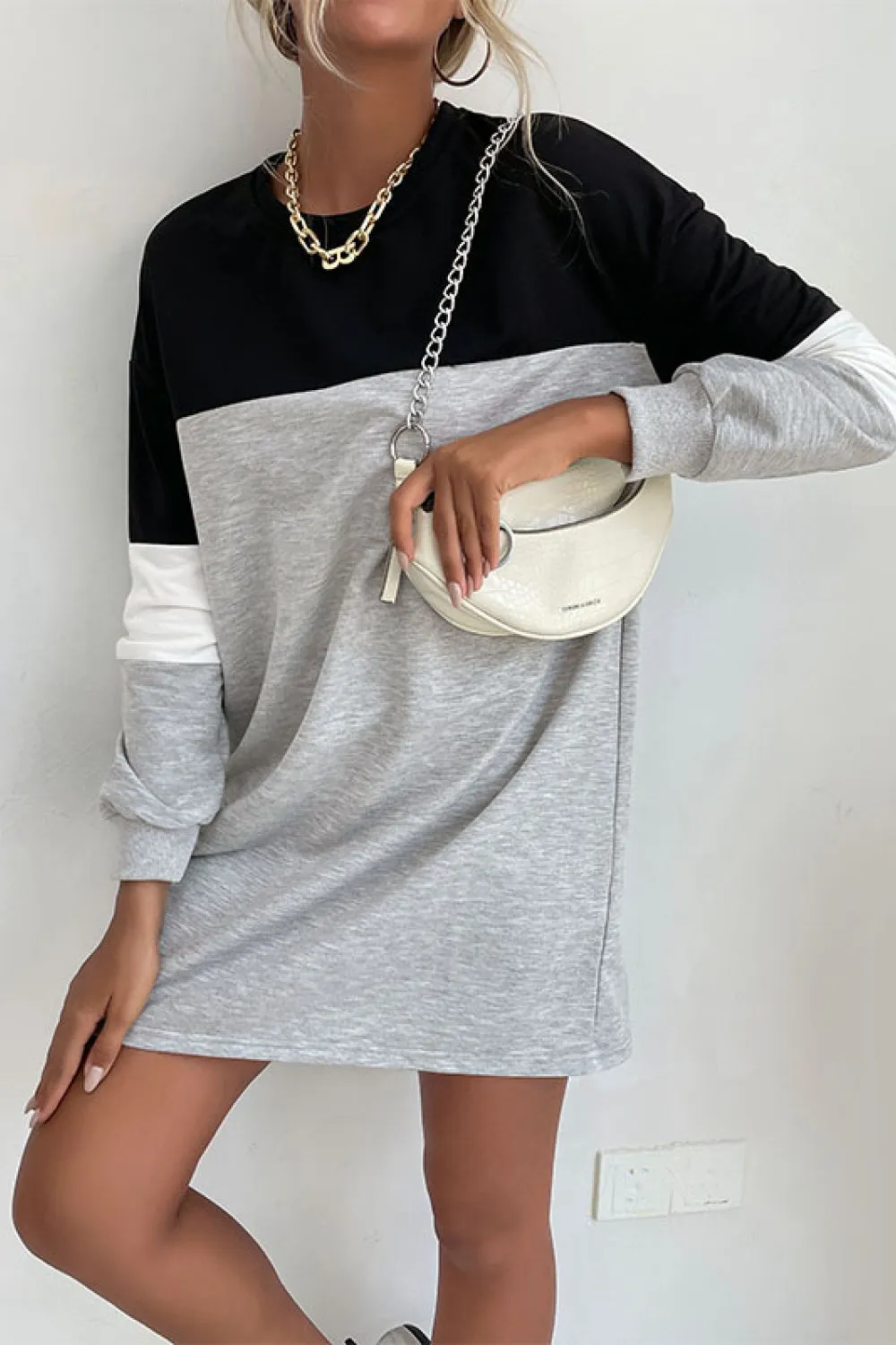 Color Block Long Sleeve Sweatshirt Dress