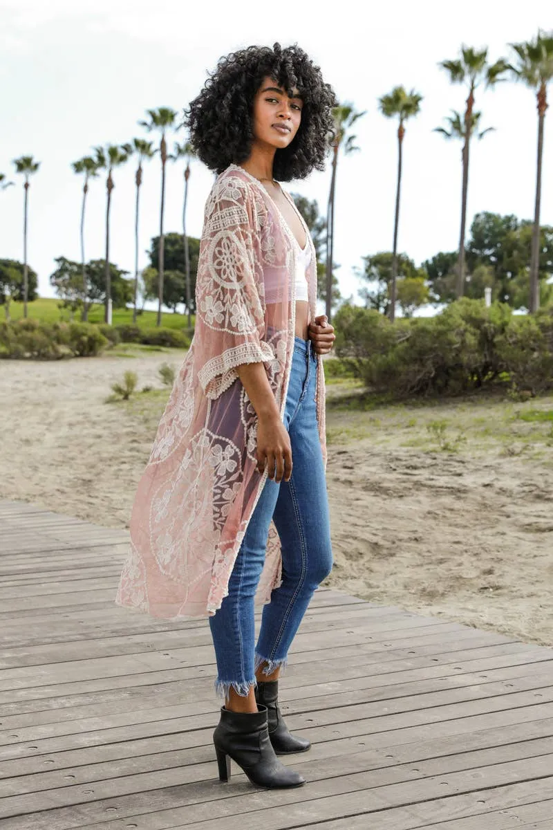 Contrast Mesh Cotton Lace Longline Kimono