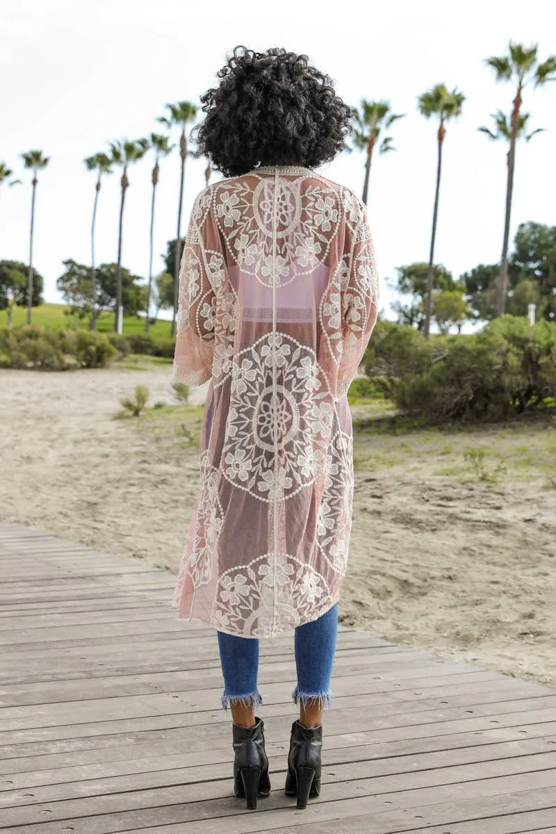 Contrast Mesh Cotton Lace Longline Kimono