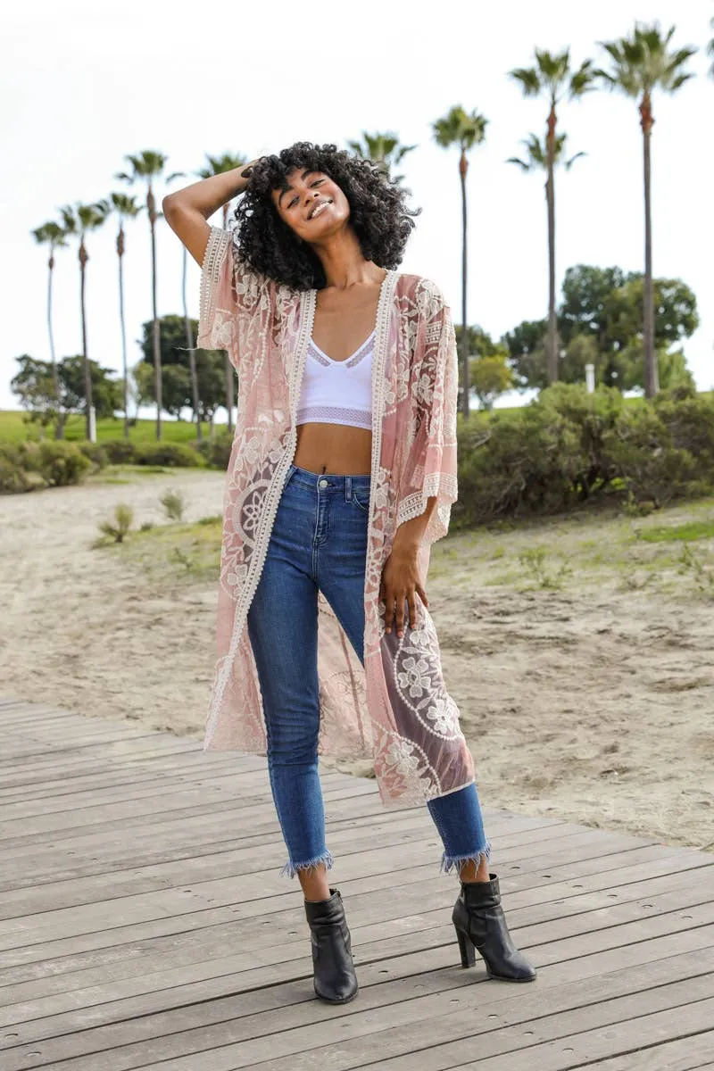 Contrast Mesh Cotton Lace Longline Kimono