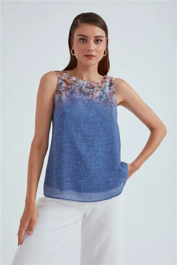 Crew Neck Ambre Floral Printed Georgette Top - Blue