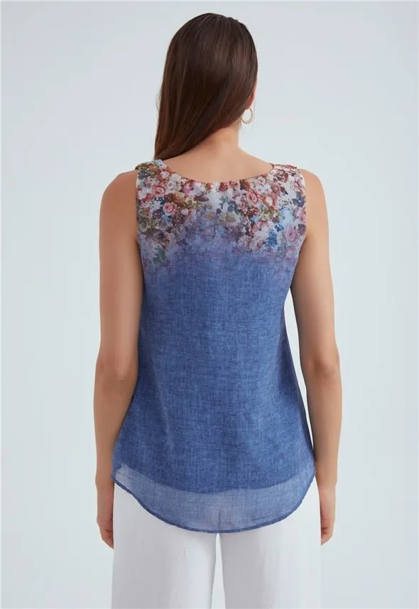 Crew Neck Ambre Floral Printed Georgette Top - Blue