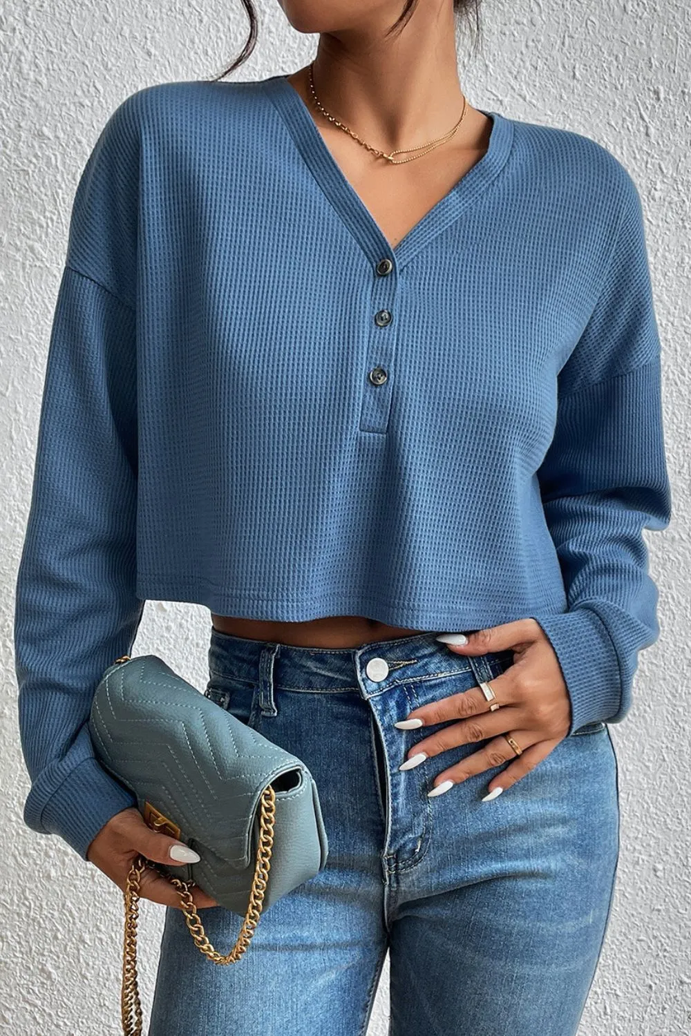 Cropped V-Neck Raglan Sleeve Buttoned Blouse