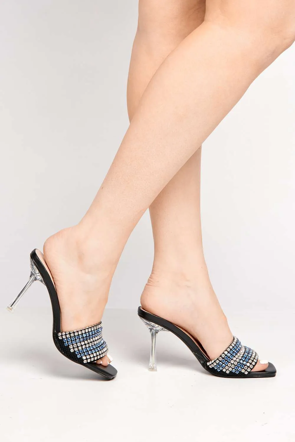 Crystalya Diamante Embellished Perspex Heel Mules in Blue