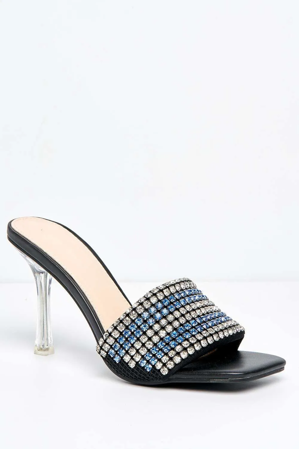 Crystalya Diamante Embellished Perspex Heel Mules in Blue