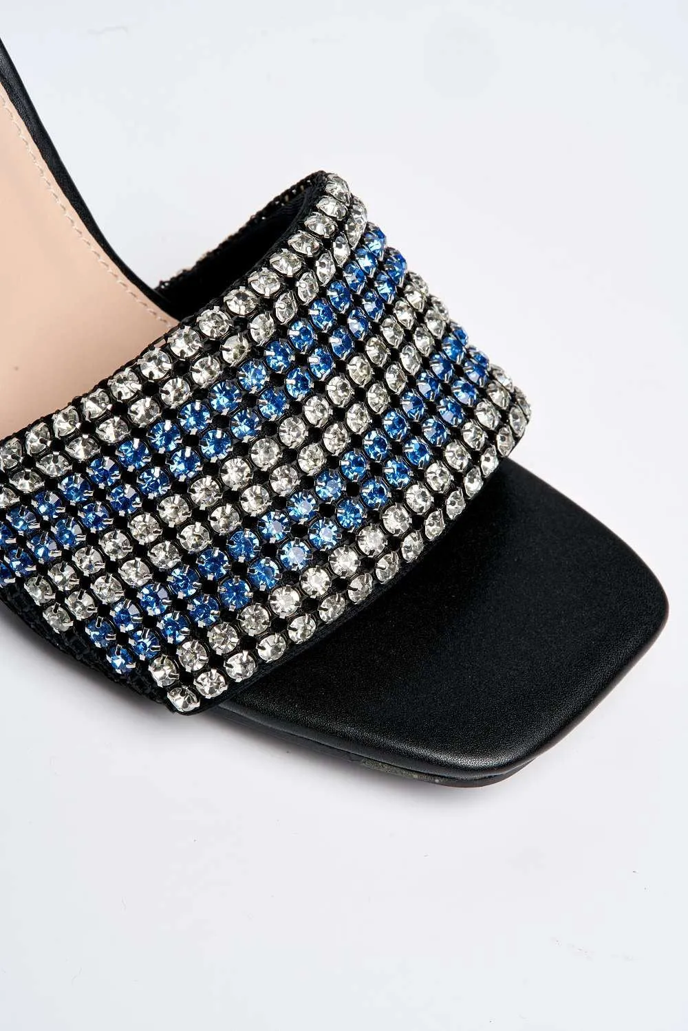 Crystalya Diamante Embellished Perspex Heel Mules in Blue