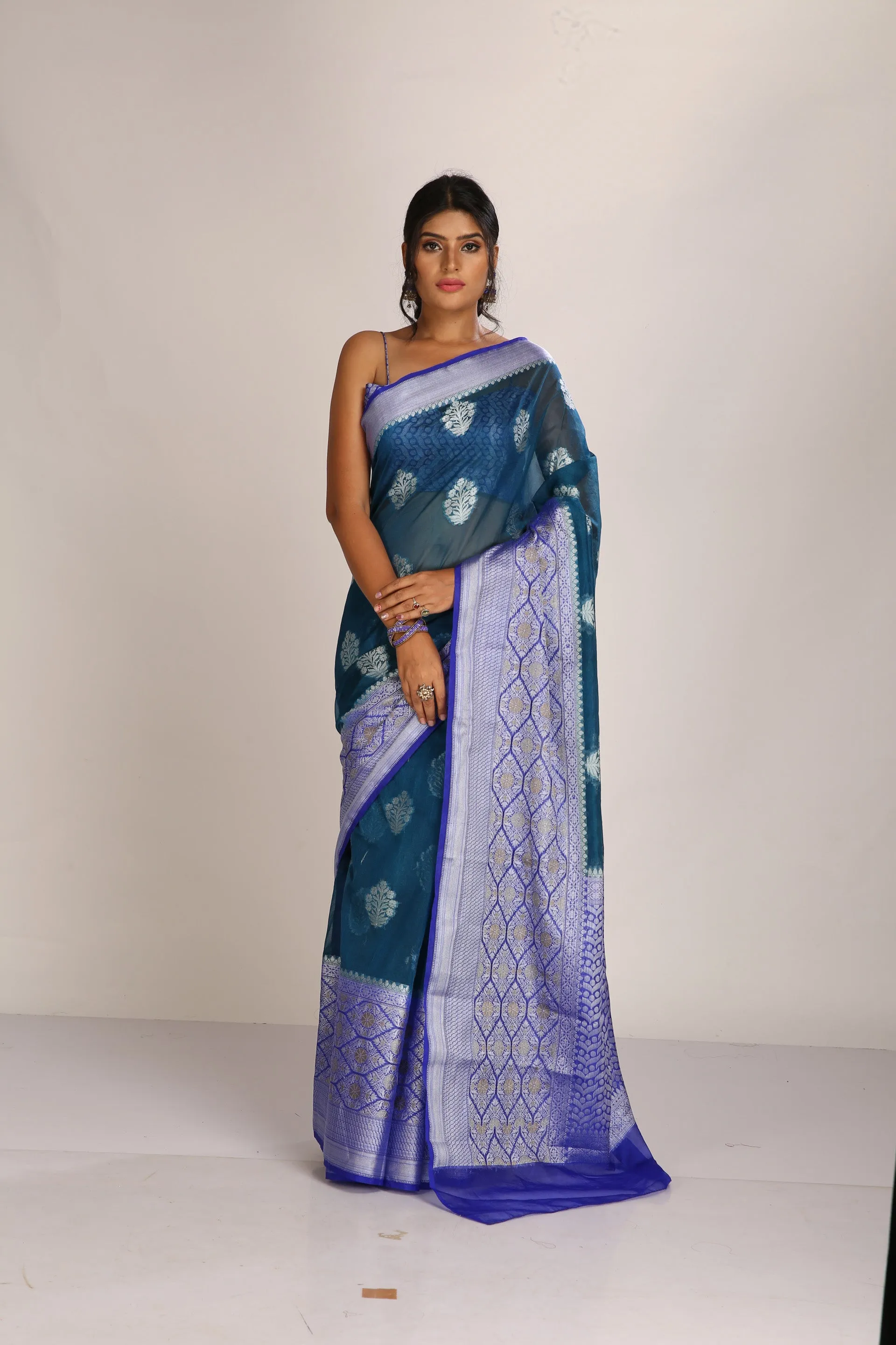 Dark Teal Tissue Saree