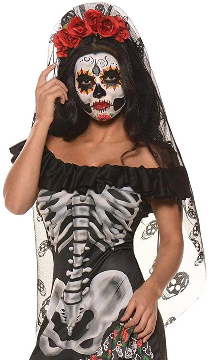 Day of the Dead Mantia Costume Headband with Veil