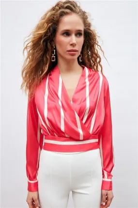 Double Breasted Wrap V-Neck Striped Crop Blouse - Fuchsia