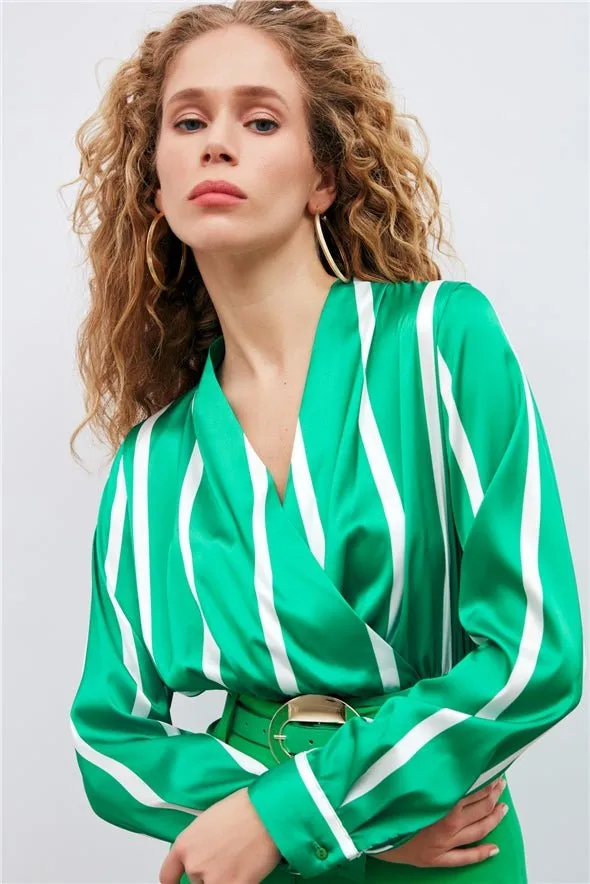 Double Breasted Wrap V-Neck Striped Crop Blouse - Green