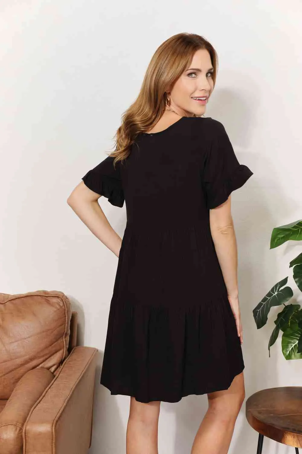 Double Take V-Neck Flounce Sleeve Tiered Dress