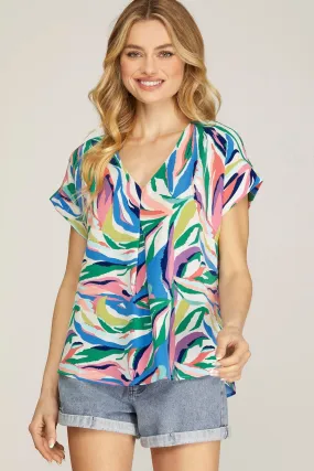 Drop Shoulder V-Neck Print Woven Top