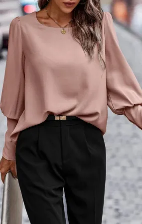 Dusty Pink Round Neck Lantern Sleeve Blouse