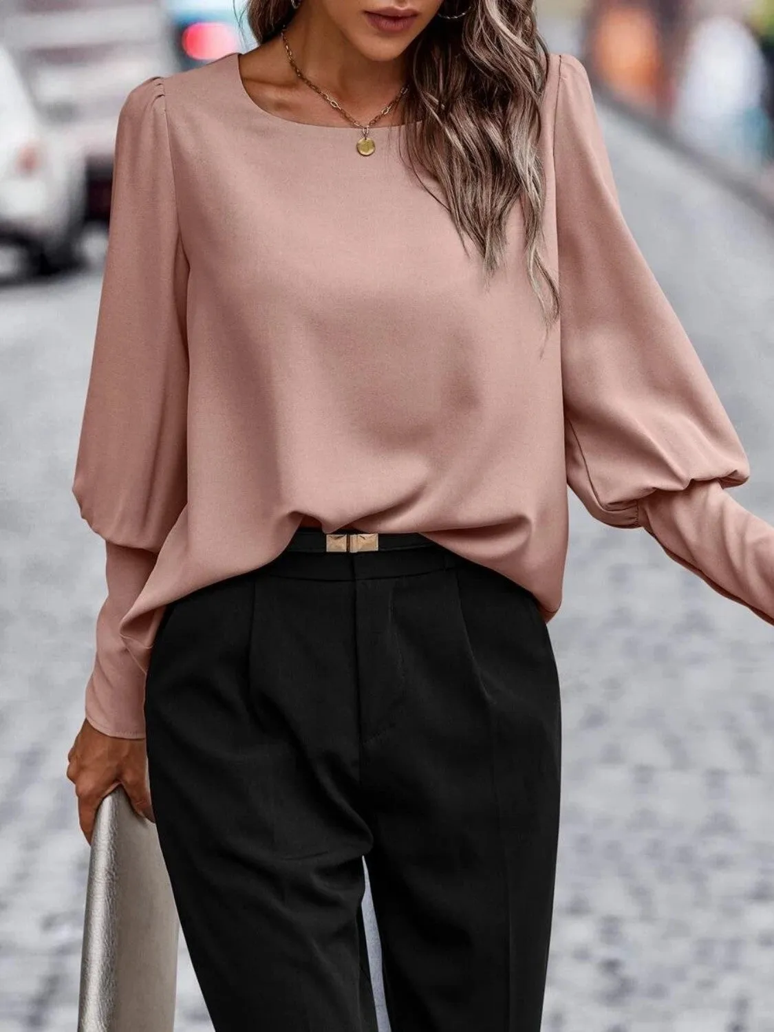 Dusty Pink Round Neck Lantern Sleeve Blouse