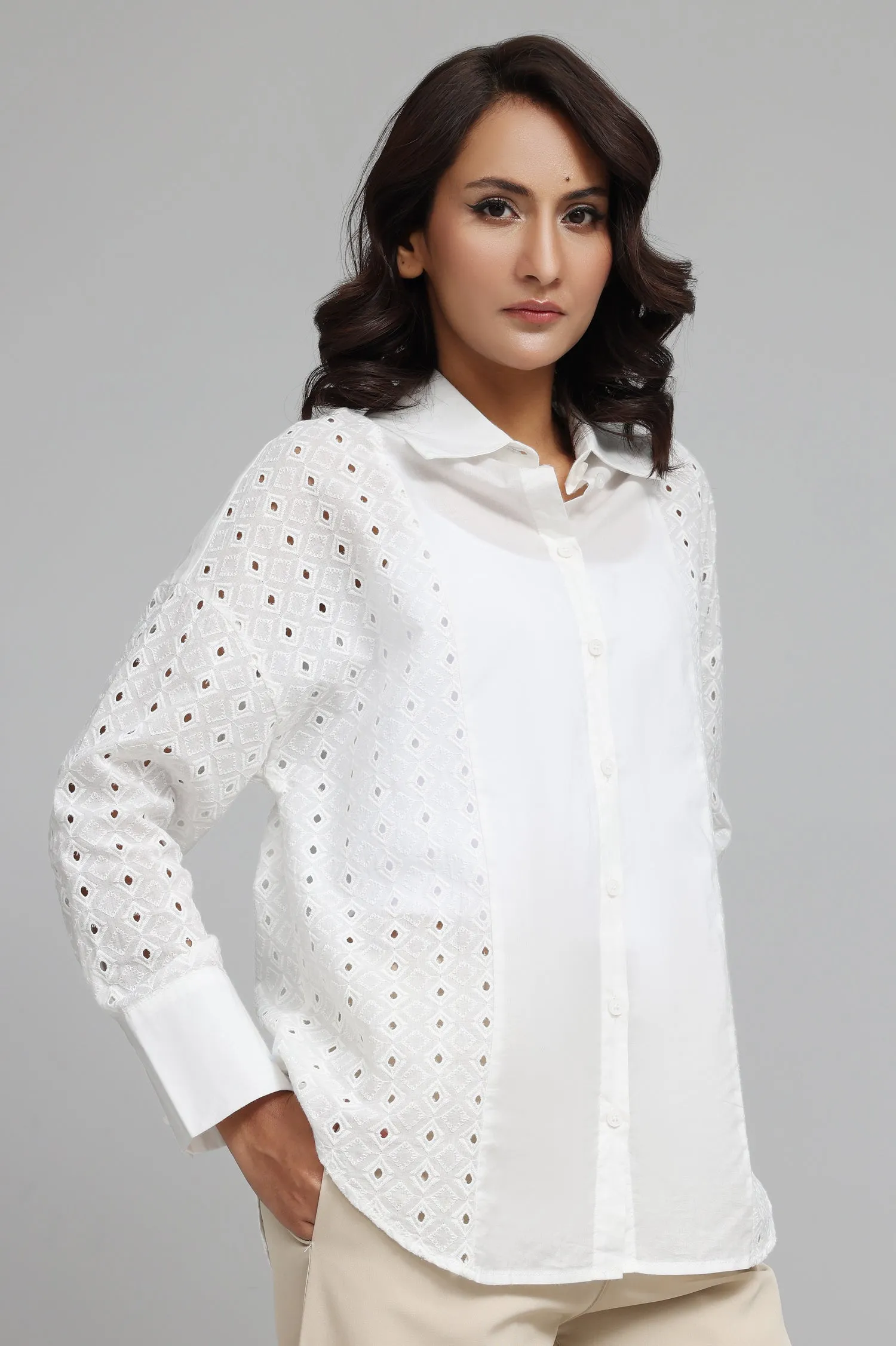 ELEGANCE EMBROIDERED EYELET BLOUSE-WHITE