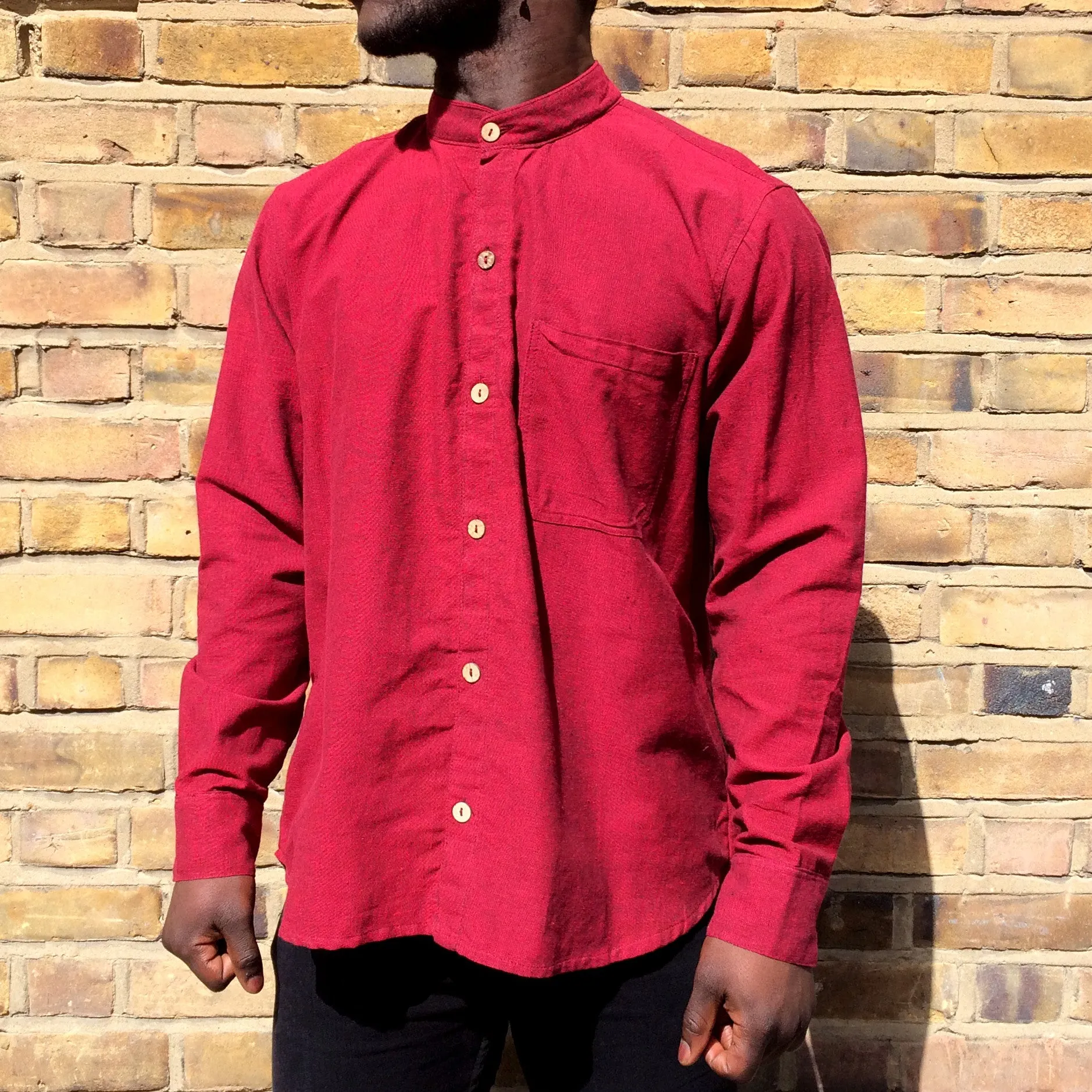 Fair Trade Mandarin Collar Long Sleeve Nepalese Granddad Shirt - Red Black