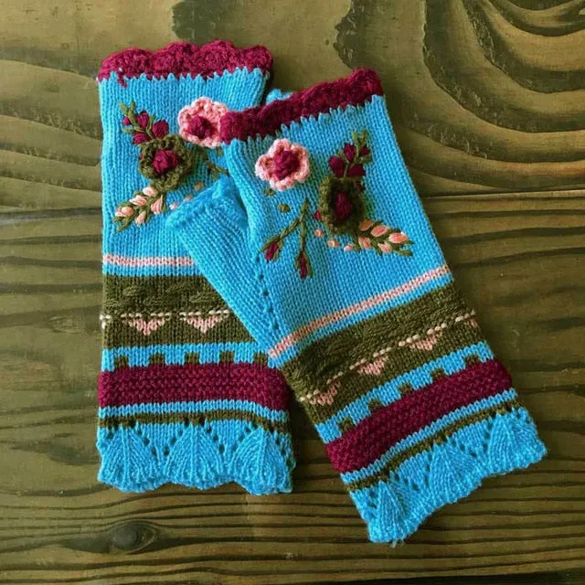 Fingerless Gloves With Embroidered Flowers Birds Or Hand Knitted Appliques 33 Different Colors! Three Different Styles Handmade Women's Warm Winter Embroidery Texting Gloves One Size