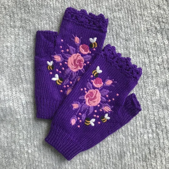 Fingerless Gloves With Embroidered Flowers Birds Or Hand Knitted Appliques 33 Different Colors! Three Different Styles Handmade Women's Warm Winter Embroidery Texting Gloves One Size