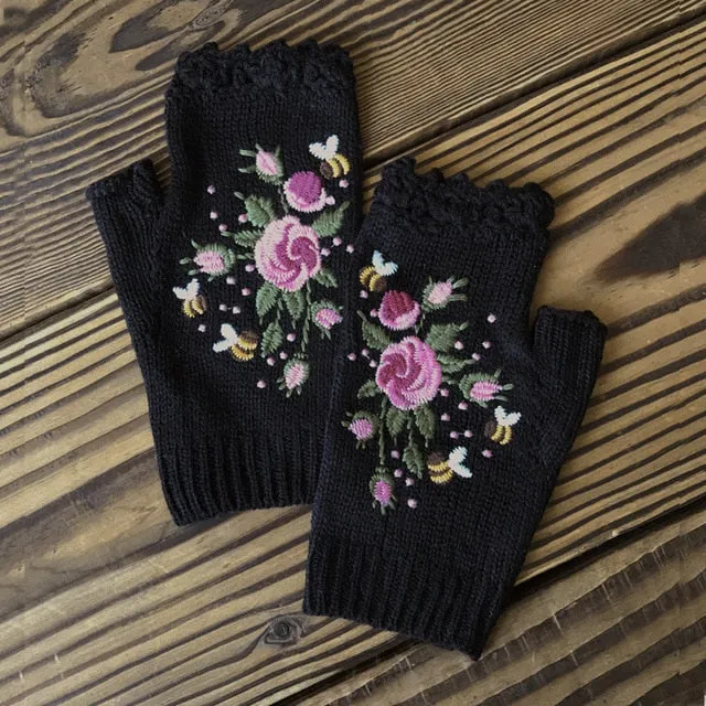 Fingerless Gloves With Embroidered Flowers Birds Or Hand Knitted Appliques 33 Different Colors! Three Different Styles Handmade Women's Warm Winter Embroidery Texting Gloves One Size