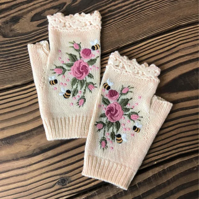 Fingerless Gloves With Embroidered Flowers Birds Or Hand Knitted Appliques 33 Different Colors! Three Different Styles Handmade Women's Warm Winter Embroidery Texting Gloves One Size