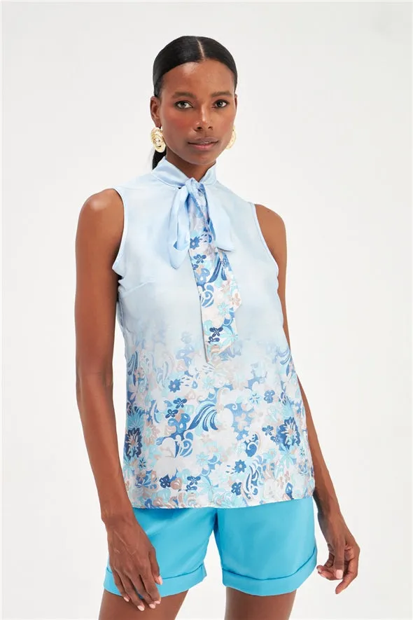 Floral Ombre Patterned Tie Neck Scarf Detailed Blouse - Blue