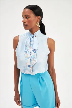 Floral Ombre Patterned Tie Neck Scarf Detailed Blouse - Blue