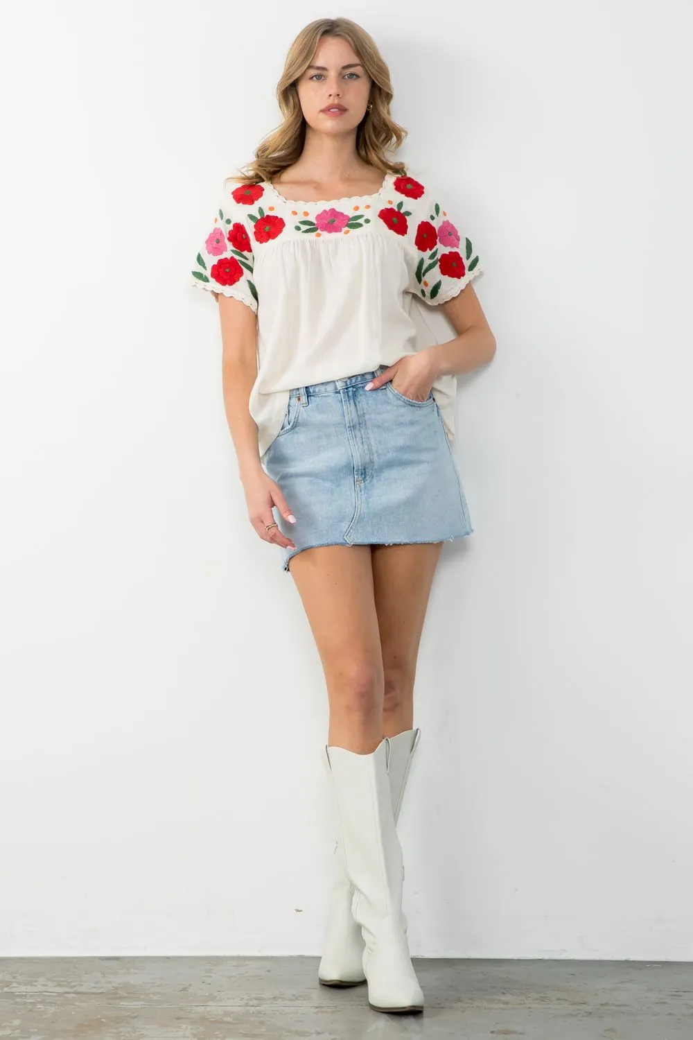 Flower Embroidered Short Sleeve Top