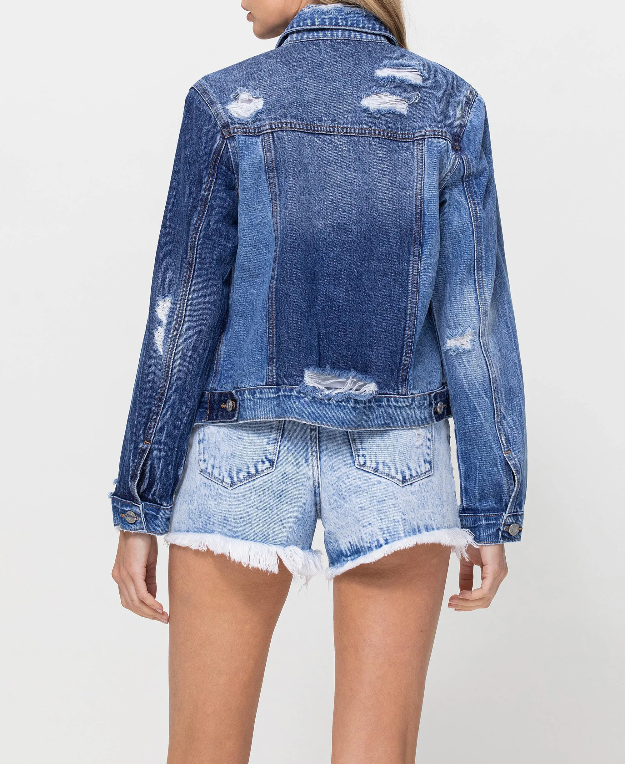 Fortunate - Distressed Classic Fit Crop Jacket W Contrast Fabric