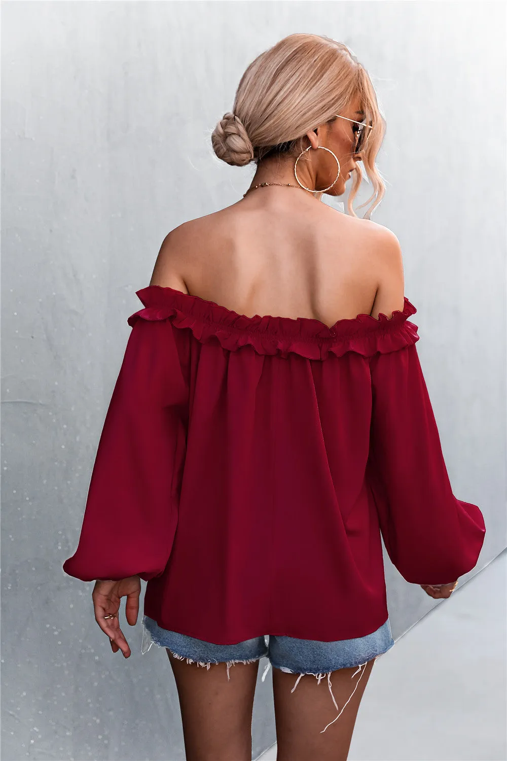 Frill Trim Off-Shoulder Balloon Sleeve Top