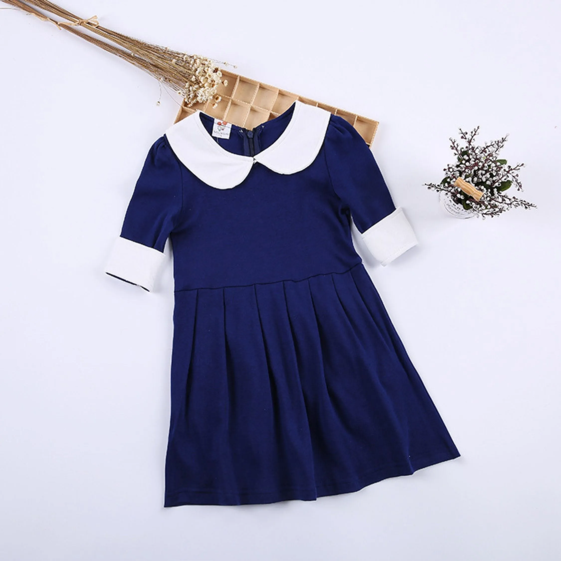 Full Sleeve Beautiful White Collar Girls Dress, Blue