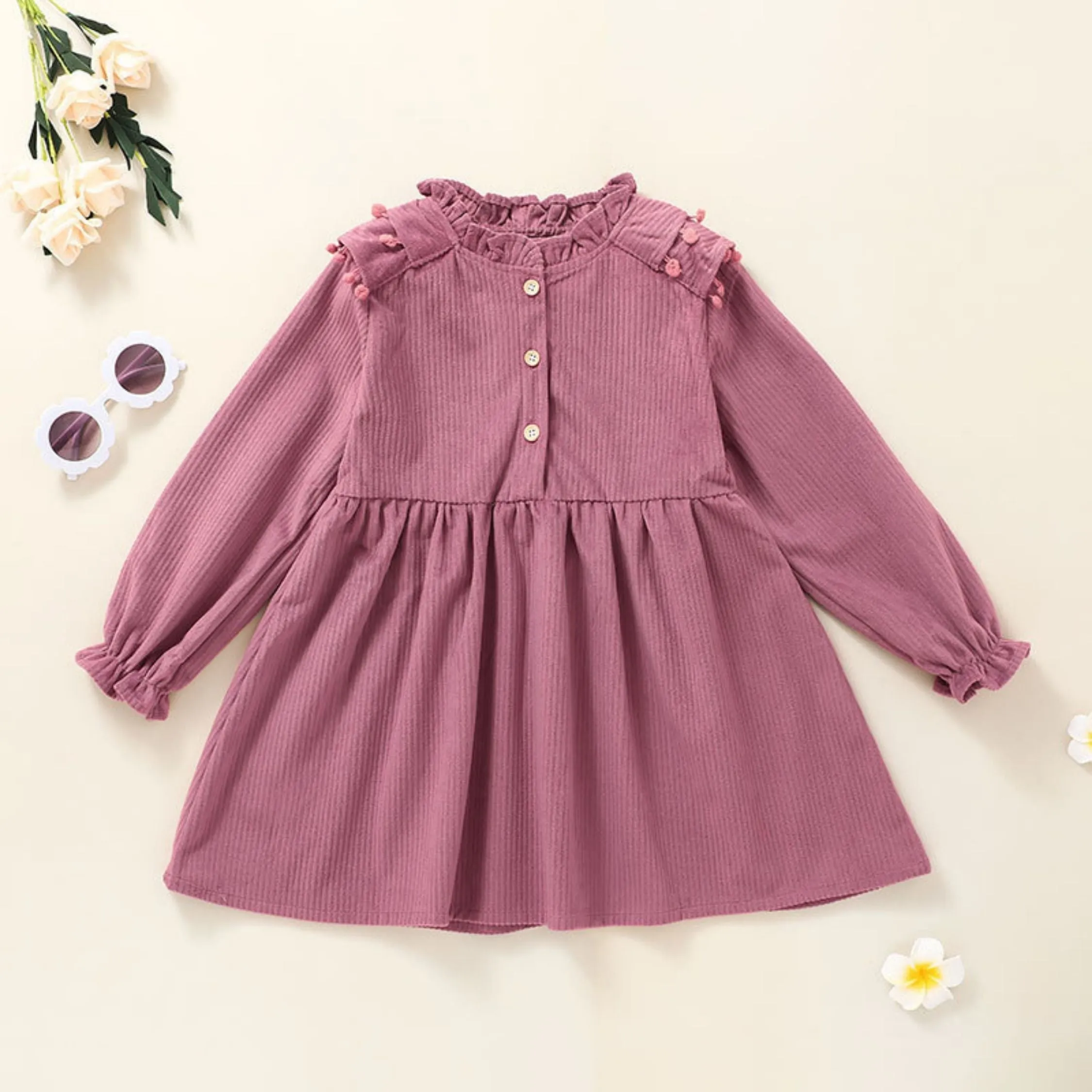 Full Sleeve Button Front Girls Dress, Pink