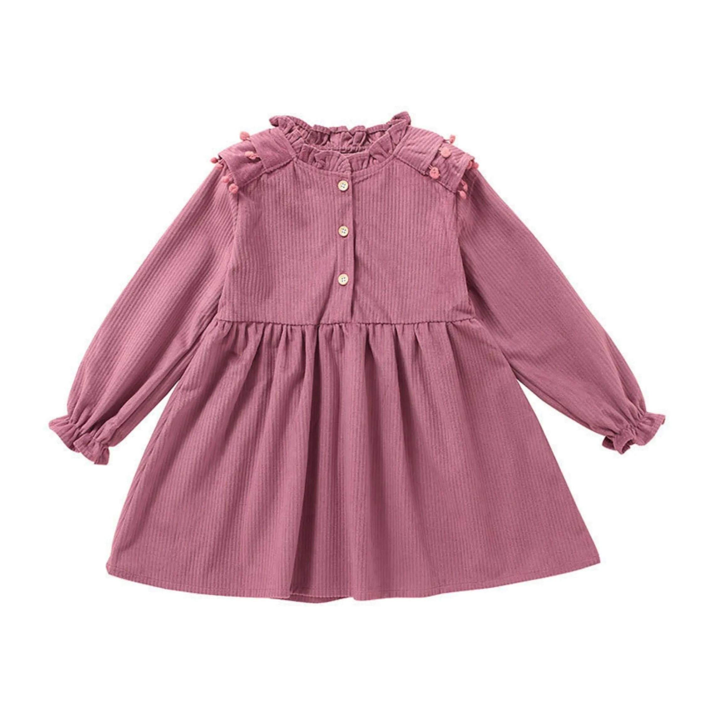 Full Sleeve Button Front Girls Dress, Pink