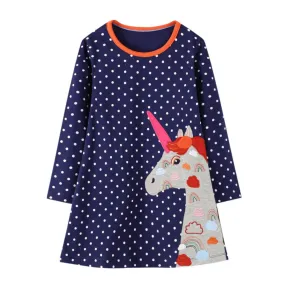 Full Sleeve Unicorn Star Pattern  Girls Dress, Blue