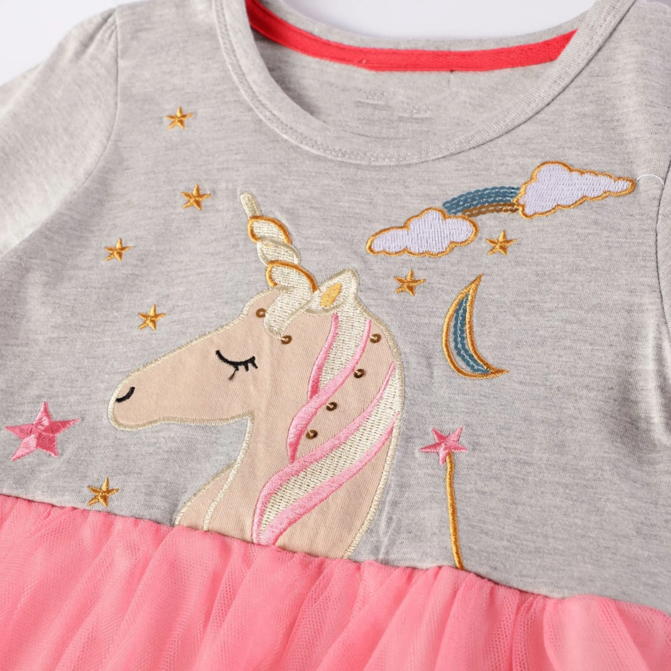 Full Sleeve Unicorn Stars Pattern Girls Dress, Pink