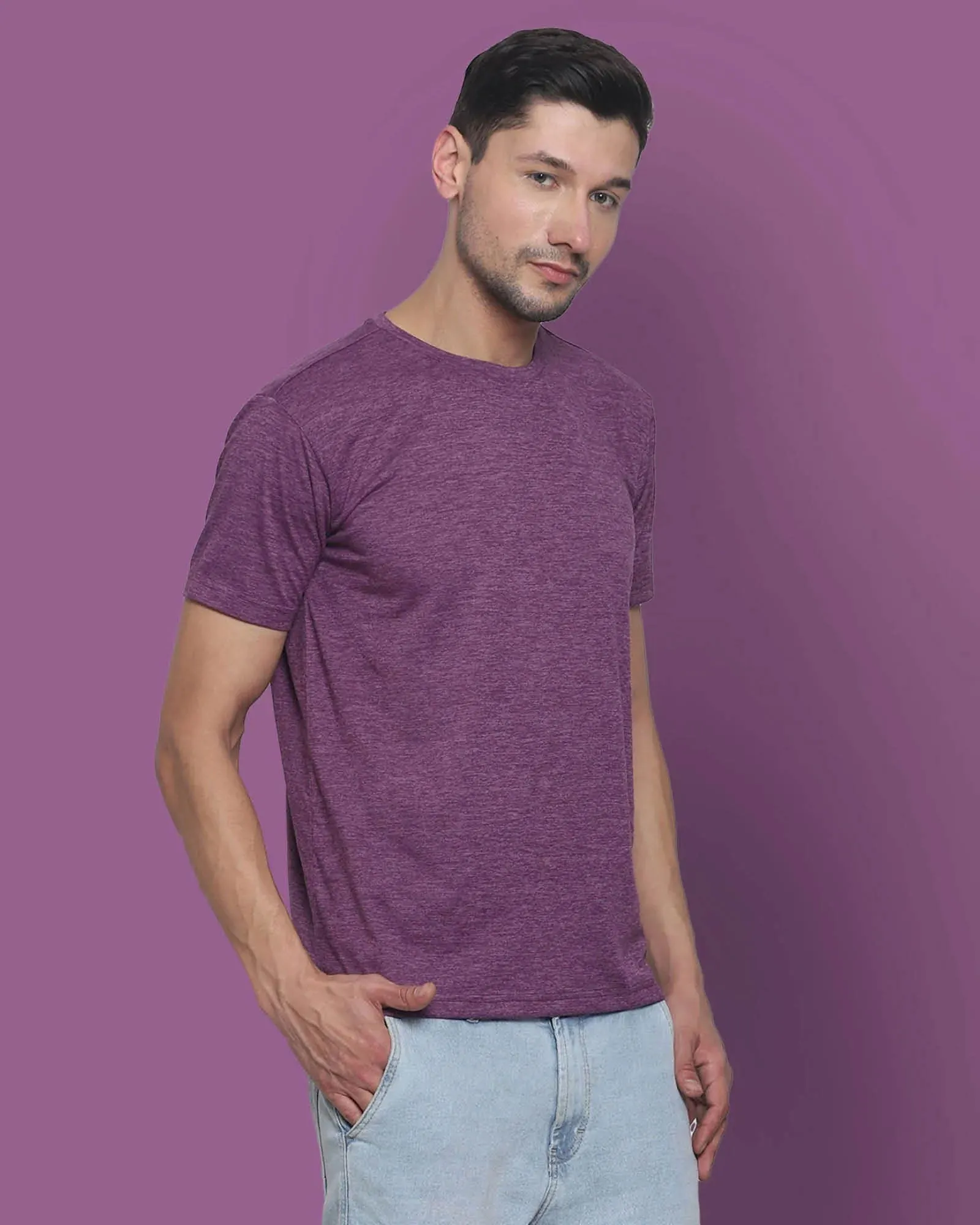 Half Sleeves Crew Neck: Eggplant Melange