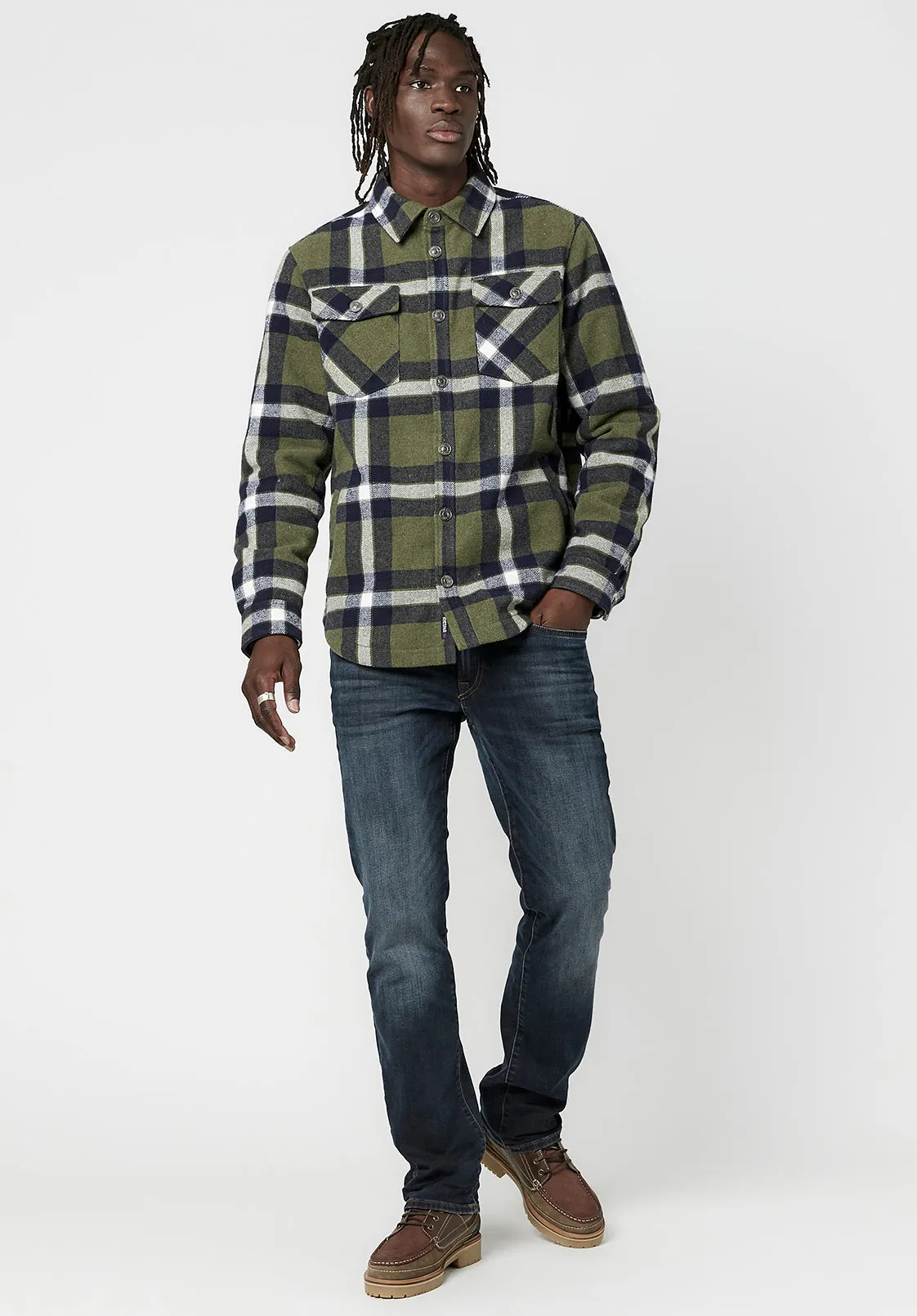 Japuy Men's Shacket in Green Black Plaid - BM23653