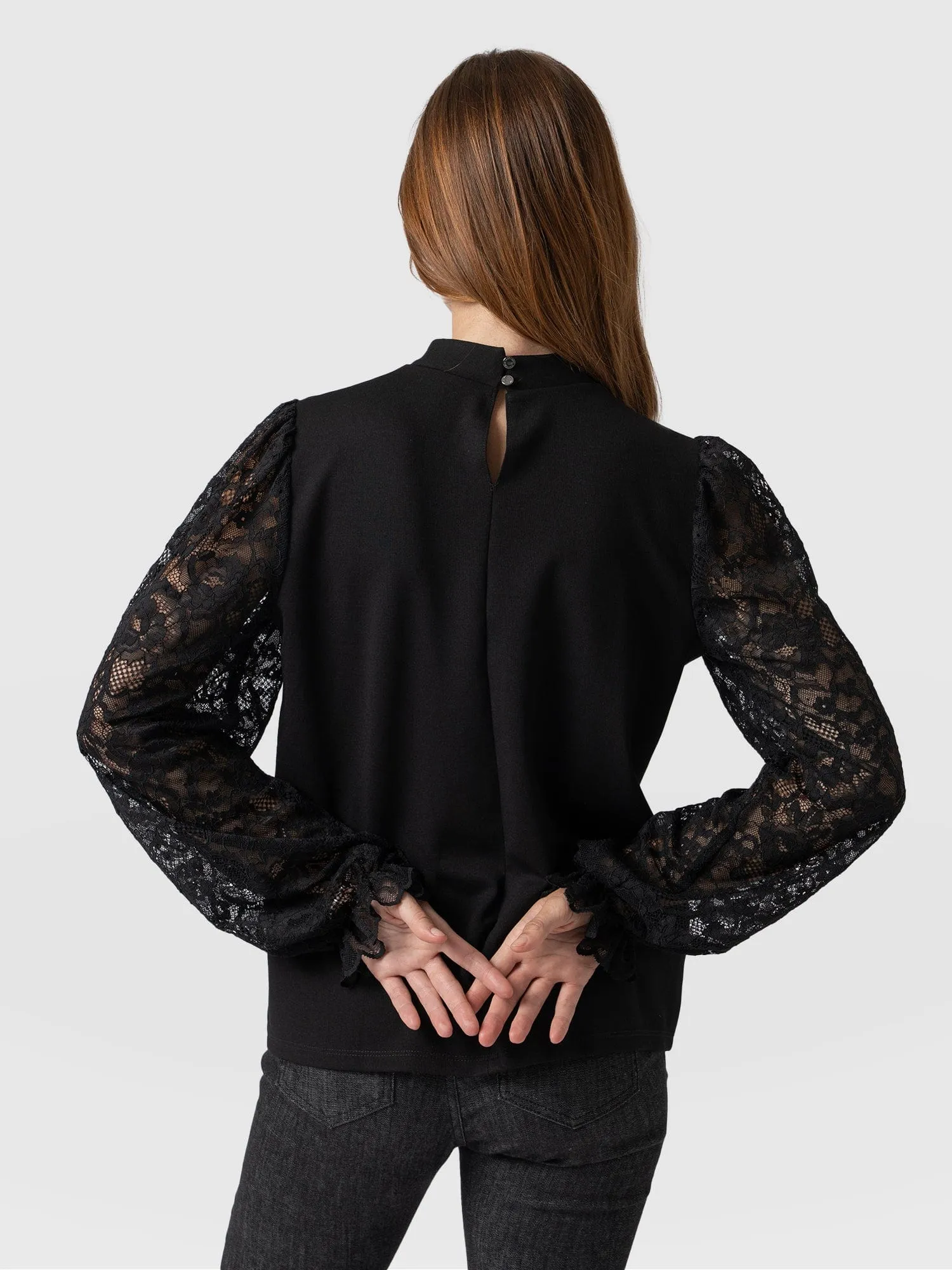 Lace Penny Puff Long Sleeve Top - Black