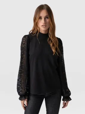 Lace Penny Puff Long Sleeve Top - Black