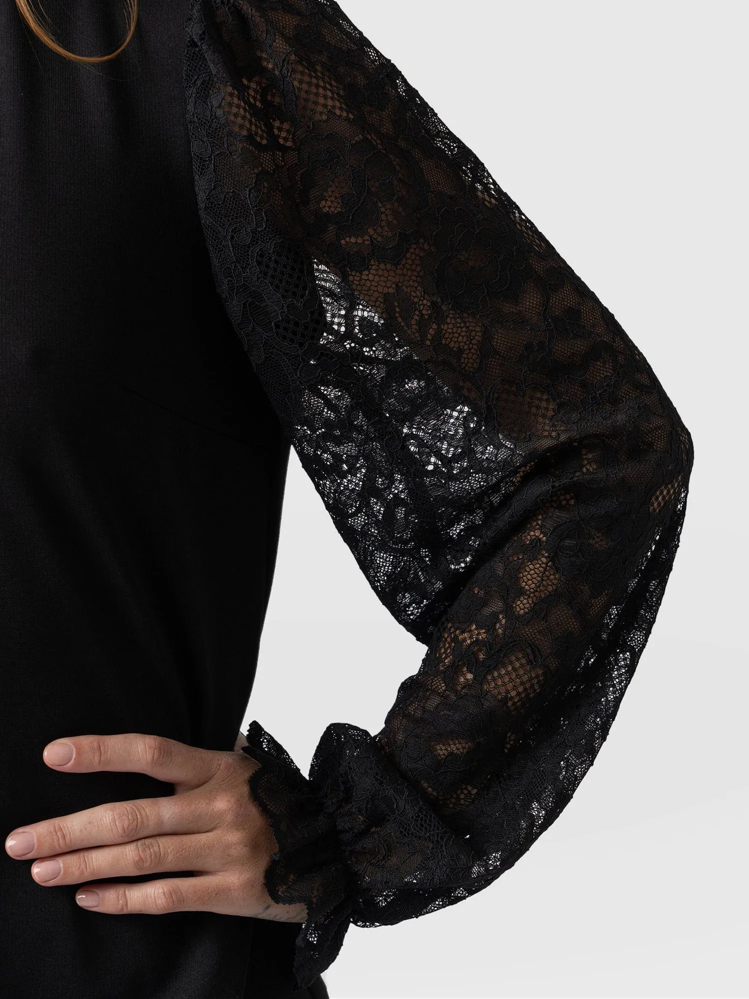 Lace Penny Puff Long Sleeve Top - Black