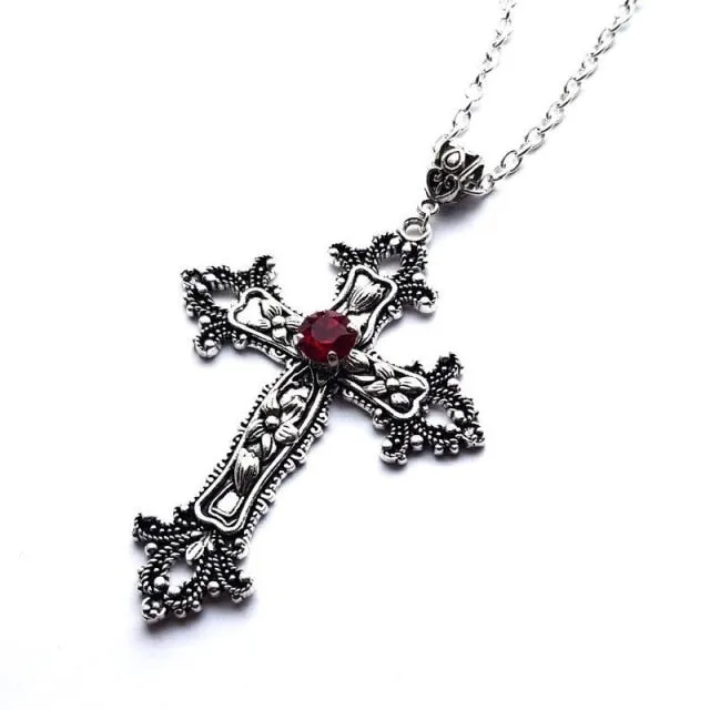 Large Detailed Cross Drill Pendant Jewel Necklace Silver Color Tone Gothic Punk Jewellery Fashion Charm Statement Women Gift(Red