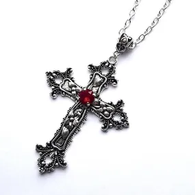 Large Detailed Cross Drill Pendant Jewel Necklace Silver Color Tone Gothic Punk Jewellery Fashion Charm Statement Women Gift(Red