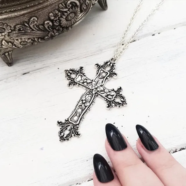 Large Detailed Cross Drill Pendant Jewel Necklace Silver Color Tone Gothic Punk Jewellery Fashion Charm Statement Women Gift(Red