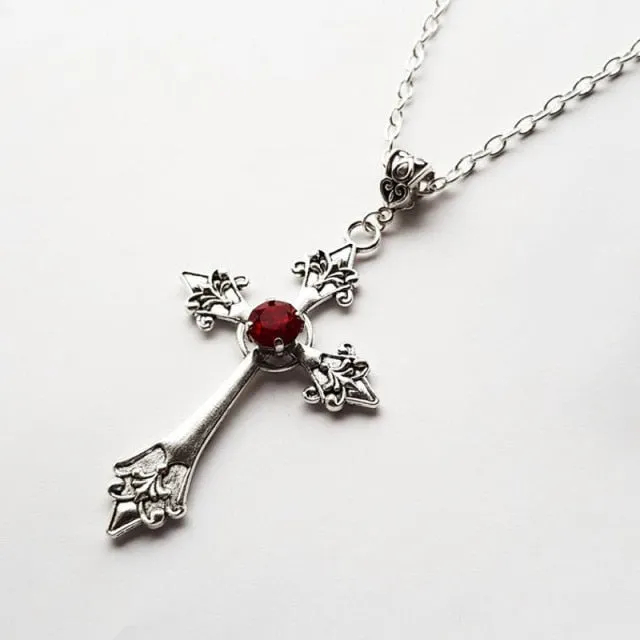 Large Detailed Cross Drill Pendant Jewel Necklace Silver Color Tone Gothic Punk Jewellery Fashion Charm Statement Women Gift(Red