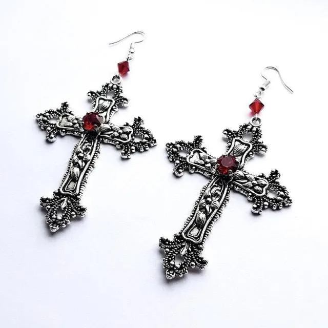 Large Detailed Cross Drill Pendant Jewel Necklace Silver Color Tone Gothic Punk Jewellery Fashion Charm Statement Women Gift(Red