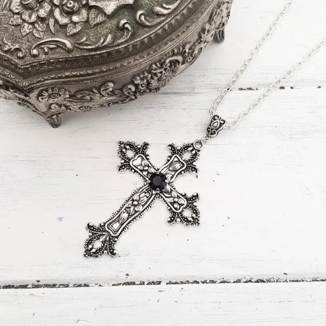 Large Detailed Cross Drill Pendant Jewel Necklace Silver Color Tone Gothic Punk Jewellery Fashion Charm Statement Women Gift(Red