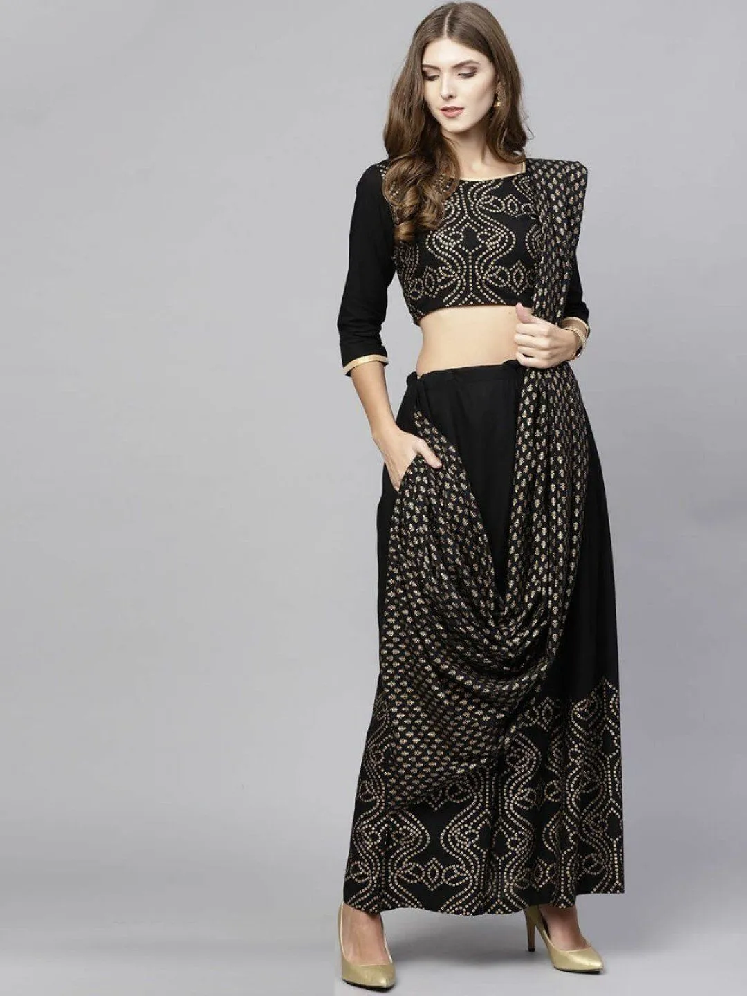 Lehenga in black with gold foil embroidery work