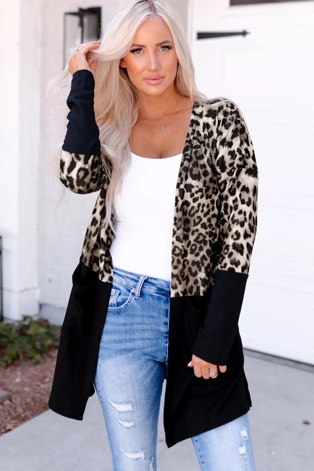 Leopard Color Block Open Front Longline Top